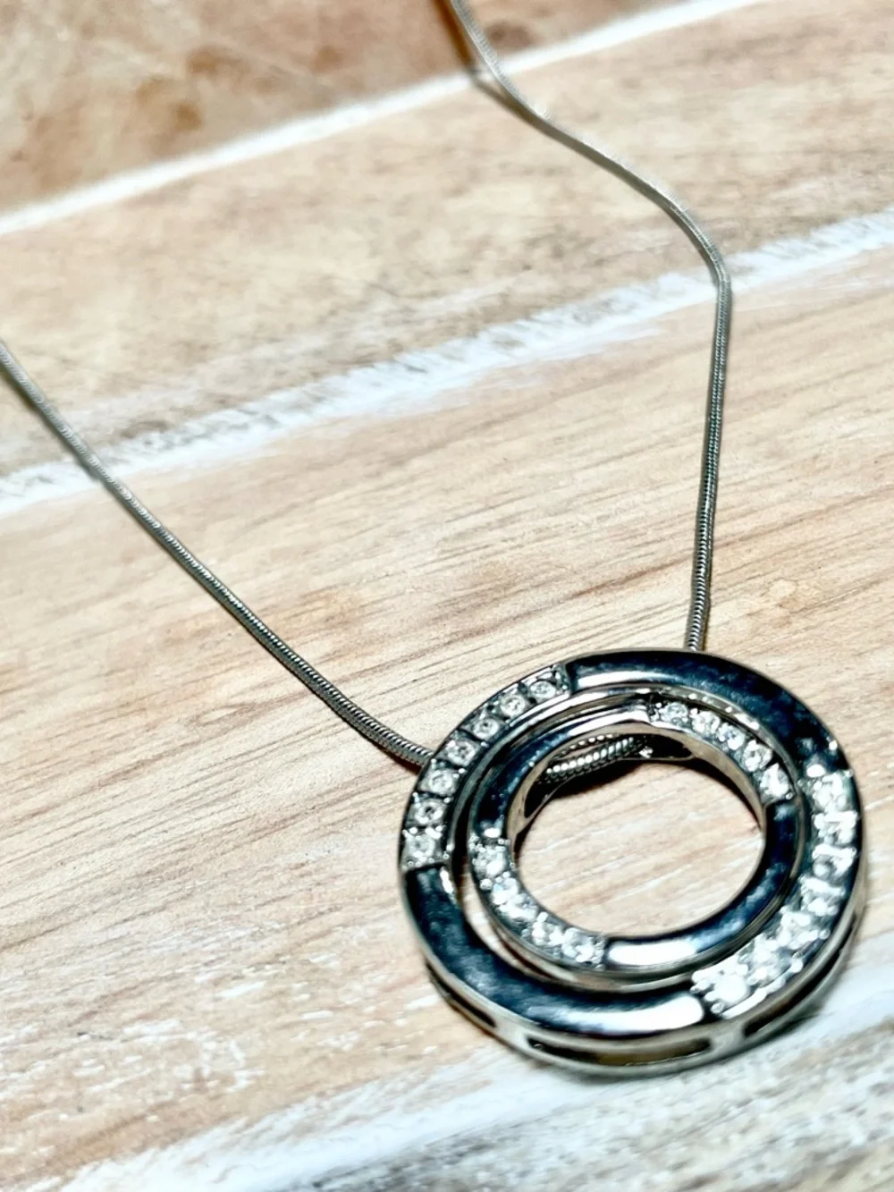Silver Double-Ring Crystal Pendant Necklace - Women's Jewelry